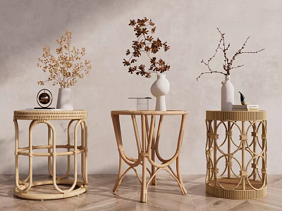 Elegant Rattan Side Tables With Decorative Vases And Green Plants 3d model