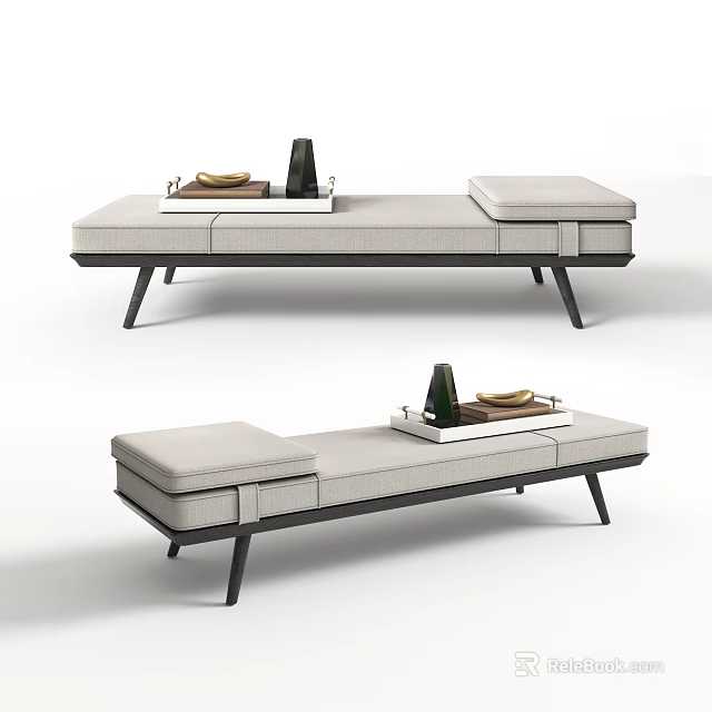Modern Ottoman With Gray Upholstery Black Metal Legs And Tray With Books And Decorative Items 3d model 