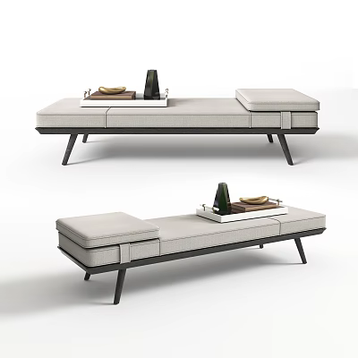 Modern Ottoman With Gray Upholstery Black Metal Legs And Tray With Books And Decorative Items 3d model