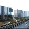 Modern Office Building With Glass Curtain Walls Greenery Urban Road And Cars