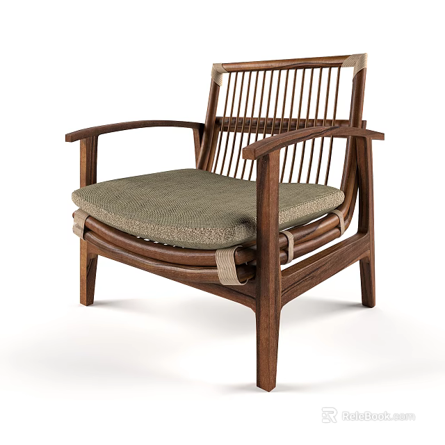 Natural Wooden Frame Lounge Chair With Slatted Backrest And Upholstered Seat Cushion 3d model 
