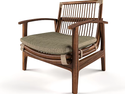 Natural Wooden Frame Lounge Chair With Slatted Backrest And Upholstered Seat Cushion 3d model