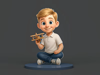 Smiling Blonde Boy Sitting Holding Wooden Airplane Model In White Polo Shirt And Blue Jeans 3d model