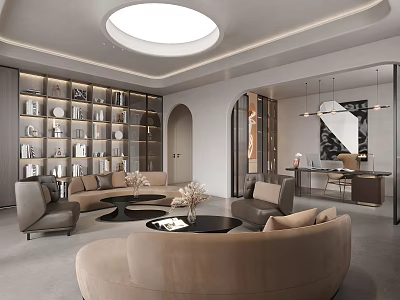 Elegant Modern Study Room Interior With Shelves Rounded Sofa Desk Chair And Pendant Lights 3d model