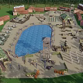 Outdoor Activity Area With Large Blue Pool Red Roofed Buildings People And Surrounding Trees