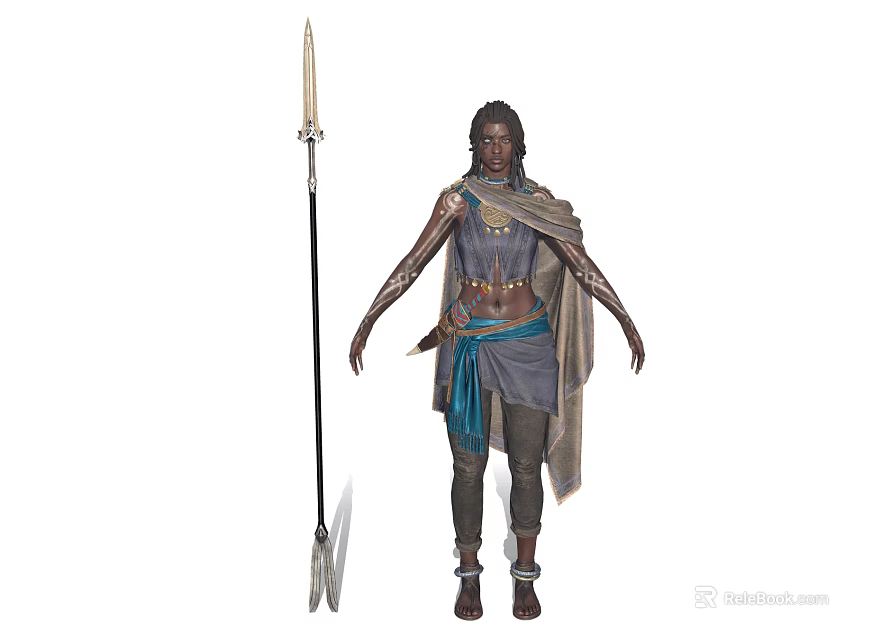 Tribal Warrior Character With Spear And Wolf Companion In Decorative Outfit 3d model 