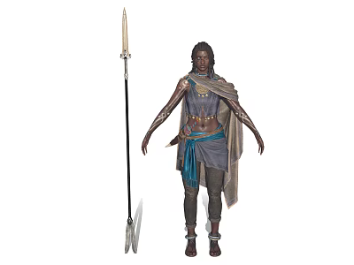 Tribal Warrior Character With Spear And Wolf Companion In Decorative Outfit 3d model