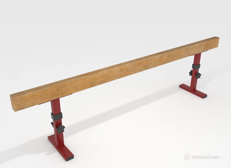 Wooden Gymnastic Balance Beam With Red Support Stands For Training 3d model 
