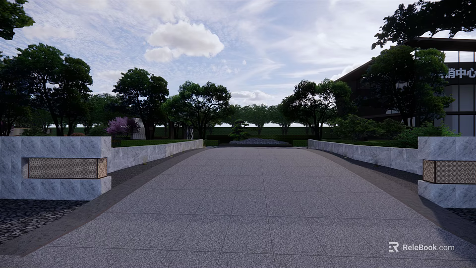 Garden Landscape Design With Stone Pathway Lush Trees And Greenery In Open Area 3d model 