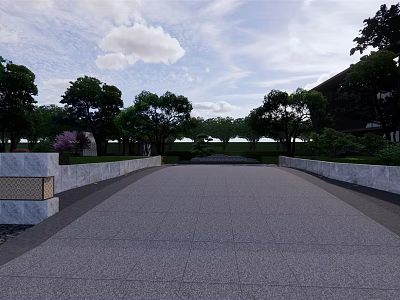 Garden Landscape Design With Stone Pathway Lush Trees And Greenery In Open Area 3d model
