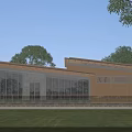 Modern Post Station Featuring Large Glass Windows Wooden Structure Green Lawn And Trees