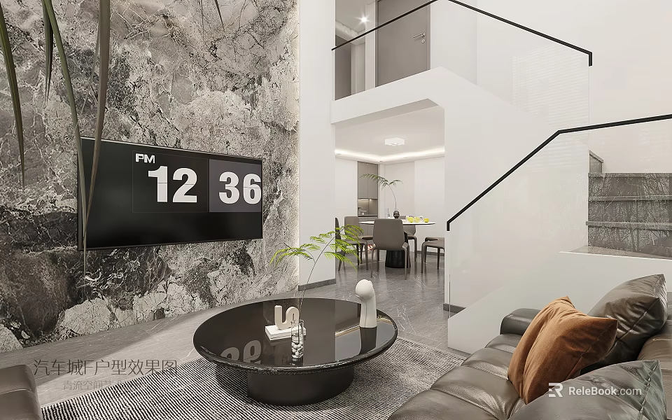 Loft Living Room Interior With Textured Wall TV Round Coffee Table 3d model 