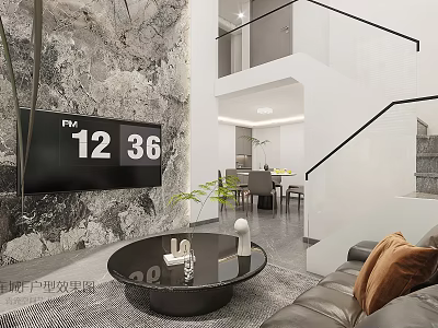 Loft Living Room Interior With Textured Wall TV Round Coffee Table 3d model