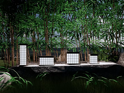 Modern Square Outdoor Lights Illuminating Garden With Green Trees And Plants 3d model