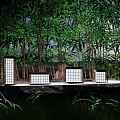Modern Square Outdoor Lights Illuminating Garden With Green Trees And Plants