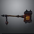 Black Spiked War Hammer With Red Glowing Core Brown Handle And Decorative End
