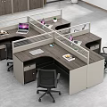 Functional Modern Office Desk Cubicles With Laptop Notebook And Office Plant