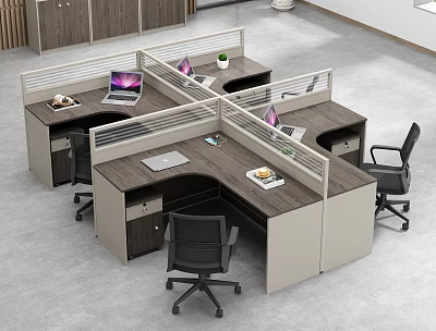 Functional Modern Office Desk Cubicles With Laptop Notebook And Office Plant 3d model