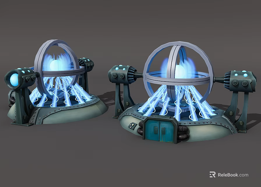 Futuristic Mechanical Circular Devices With Blue Glowing Flames And Industrial Design 3d model 