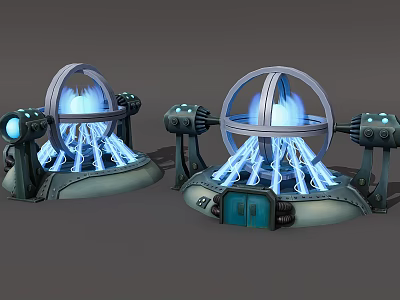 Futuristic Mechanical Circular Devices With Blue Glowing Flames And Industrial Design 3d model