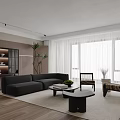 Modern Living and Dining Room Interior With Black Sofa Coffee Table and Large Window 3d model