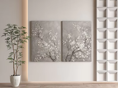 Two Gray Background Paintings With White Flower Branches And Green Plant Near White Shelf 3d model