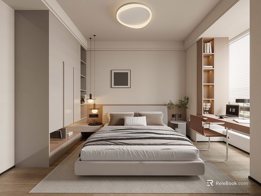 Modern Bedroom Interior With Striped Bed Round Ceiling Light Desk Chair And Shelves 3d model 