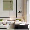 Modern Duplex Living Room Interior Design With Marble Wall Green Artwork And Large Windows