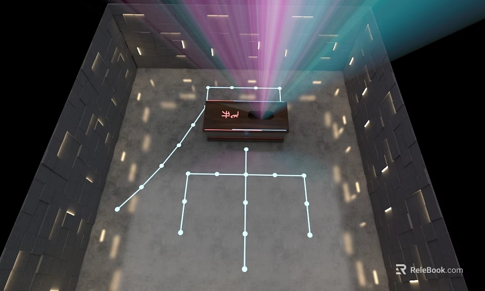 Central Device With Yuli Label Surrounded By Colored Light Beams And Floor Path Design 3d model 