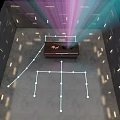 Central Device With Yuli Label Surrounded By Colored Light Beams And Floor Path Design