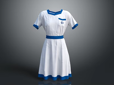 White Blue Accent Dress With Collar Cuffs Waistband Hem And Chest Emblem 3d model
