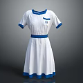 White Blue Accent Dress With Collar Cuffs Waistband Hem And Chest Emblem