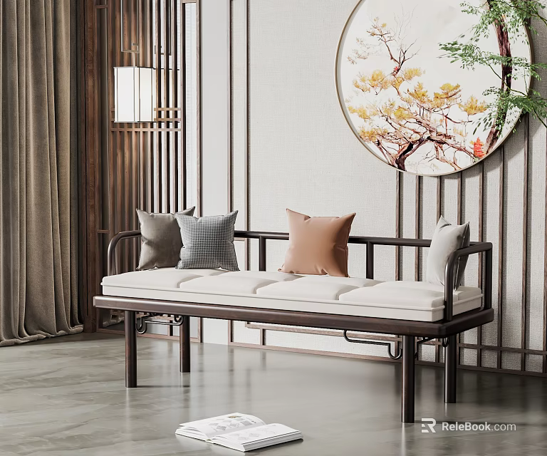 Chinese Style Modern Footstool With Wooden Frame Neutral Cushions Near Round Flower Painting And Curtains 3d model 