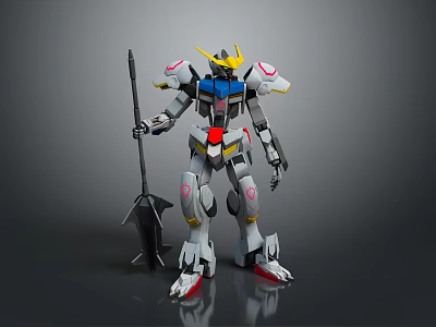 Game Movie Character Mech Warrior With Yellow Horn Blue White Gray Holding Spear Red Accents 3d model