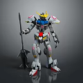 Game Movie Character Mech Warrior With Yellow Horn Blue White Gray Holding Spear Red Accents