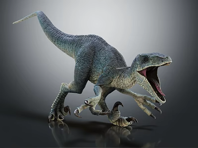 Fierce Blue Scaled Dinosaur Roaring With Open Mouth And Sharp Claws On Reflective Floor 3d model