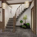 Traditional Chinese Tea House Interior With Wooden Beams Red Lanterns Tea Sets And Staircase