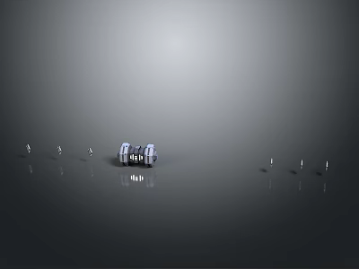 Futuristic SciFi Scene With Small Building And Robotic Detectors On Reflective Ground 3d model