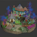 Cartoon Scene With Small Cottages Colorful Trees Small Bridge Stream Slide And Green Plants