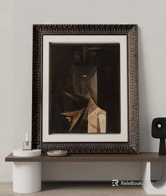 Abstract Painting in Ornate Frame with Dark Light Tones on Light Wall and Decorative Objects 3d model