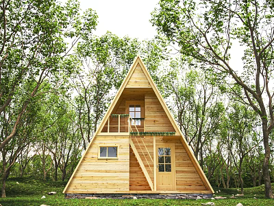 Wooden Cabin with Triangular Roof Balcony and Staircase Surrounded by Green Trees in Forest Setting 3d model
