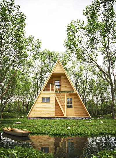 Wooden Cabin with Triangular Roof Balcony and Staircase Surrounded by Green Trees in Forest Setting 3d model