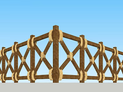Garden Ornament Wooden Railing With Cross Pattern And Decorative Connectors 3d model