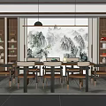 New Chinese Style Restaurant Interior With Landscape Painting Dining Table Chairs And Antique Shelves