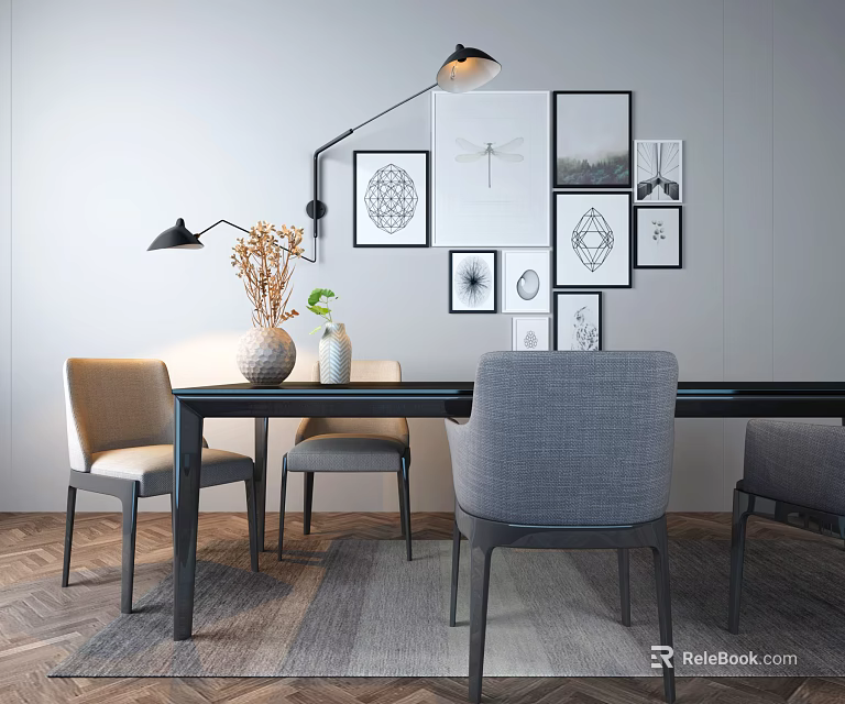 Modern Dining Table Set With Chairs Decorative Wall Frames And Floor Lamp 3d model