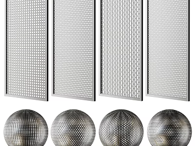 Modern Metal Room Divider With Perforated Panels And Spherical Decorative Bases 3d model