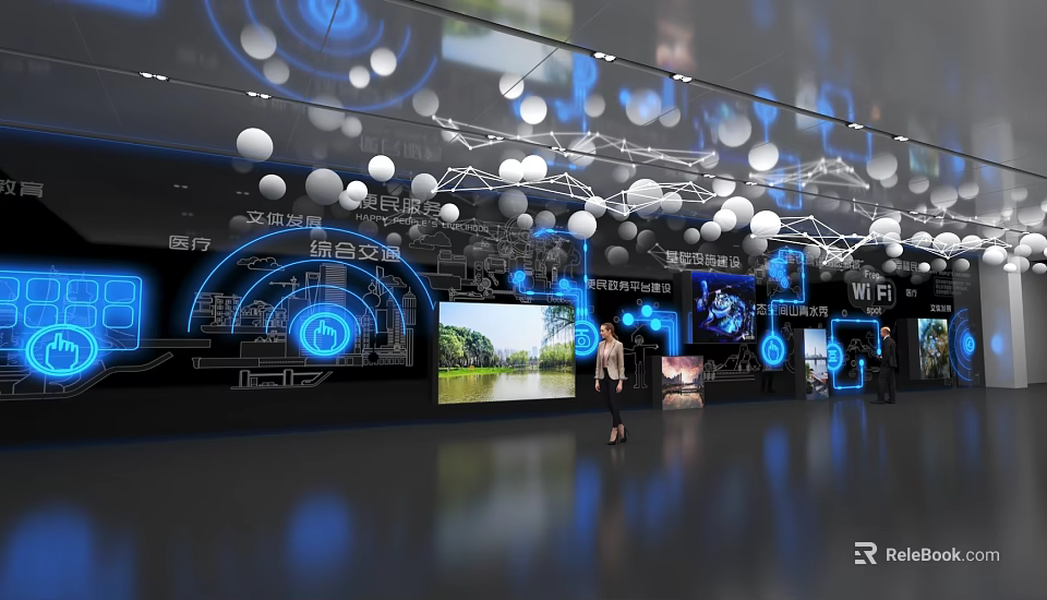 Digital Tech Exhibition Hall Featuring Multiple Blue Screens White Spherical Decorations And Visitors Exploring 3d model 