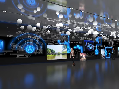 Digital Tech Exhibition Hall Featuring Multiple Blue Screens White Spherical Decorations And Visitors Exploring 3d model