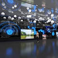 Digital Tech Exhibition Hall Featuring Multiple Blue Screens White Spherical Decorations And Visitors Exploring 3d model