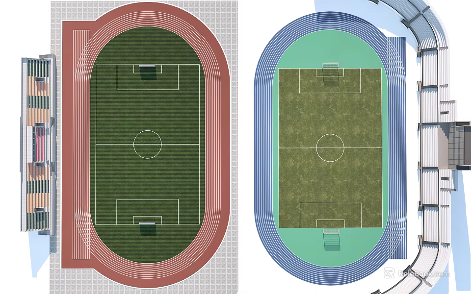 Two Football Fields Design With Red And Blue Running Tracks And Surrounding Stands 3d model 